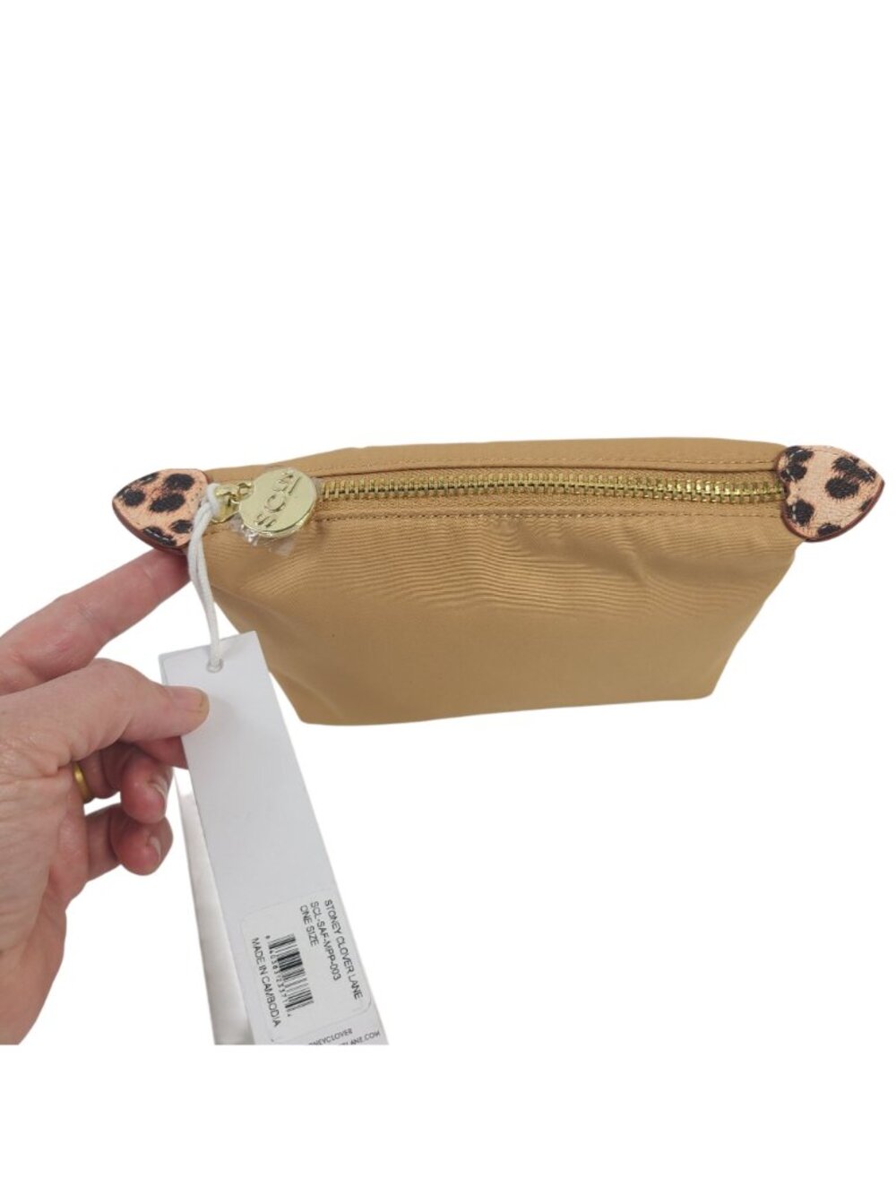 NEW Stoney Clover Lane Small Beige Nylon Pouch With Leopard Print Gold Zipper - Picture 3 of 7